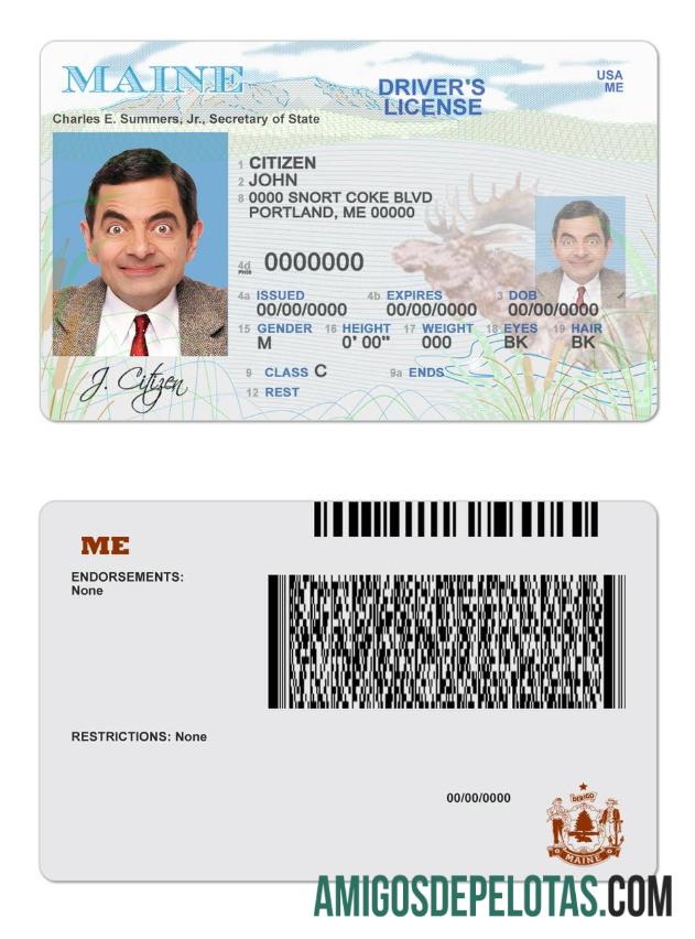 Carta de condução do estado do Maine nos EUA exemplo